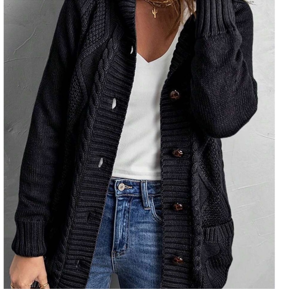 Cozy Black Teddy Lined Cable Knit Hoodie Cardigan Jacket Shacket XS S M L XL